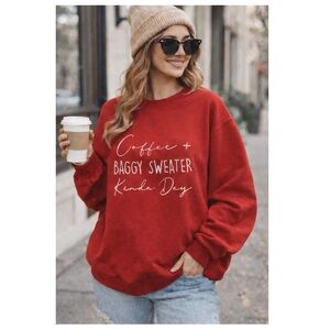 NEW Coffee + Baggy Sweater Kinda Day Oversized Graphic Sweatshirt Red Sz 2/3X